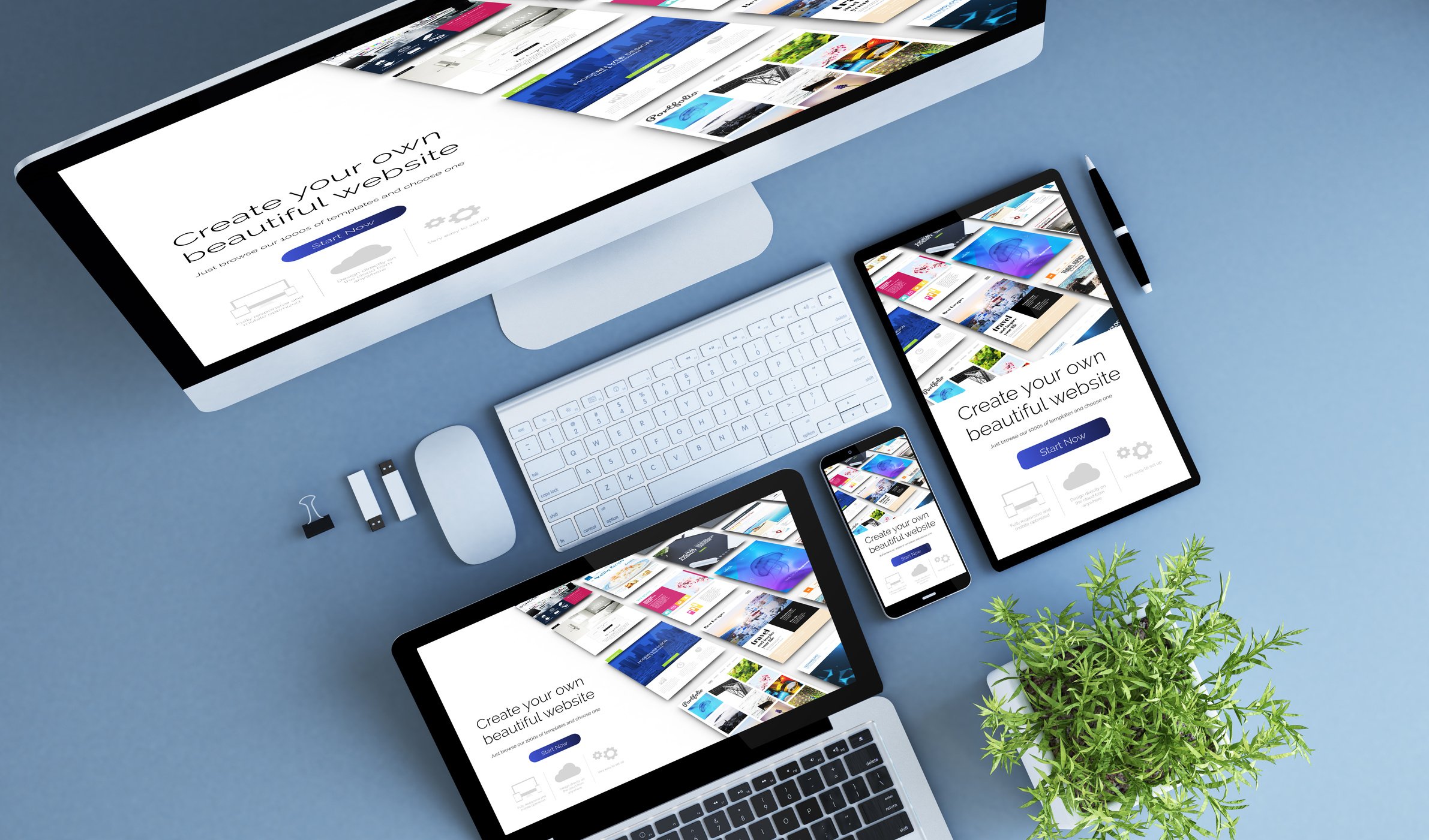 Top View Blue Devices Website Builder